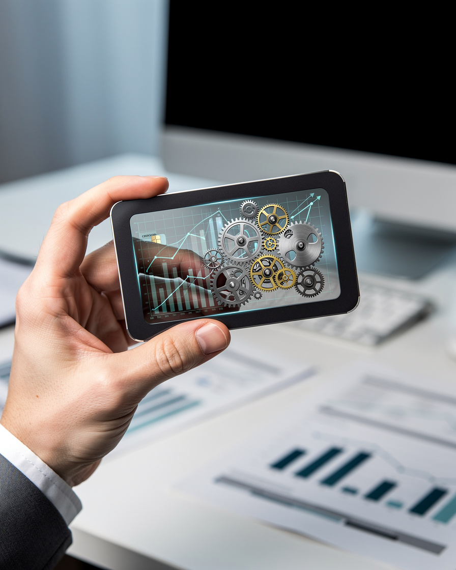 Зарплатная карта с внутренними механизмами в офисе, символизирующая скрытые финансовые возможности.