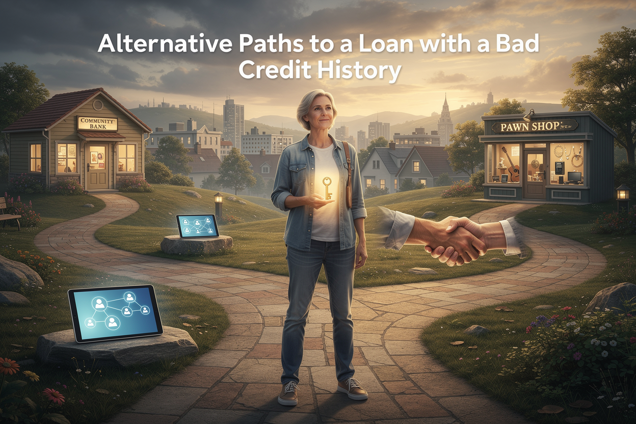 Человек на перепутье с ключом, символизирующим доступ к займам, с несколькими путями к различным вариантам кредитования.