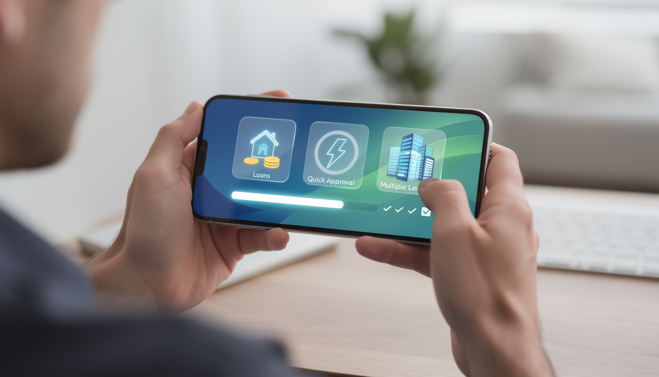 Человек заполняет онлайн-заявку на заём через смартфон на современном фоне.