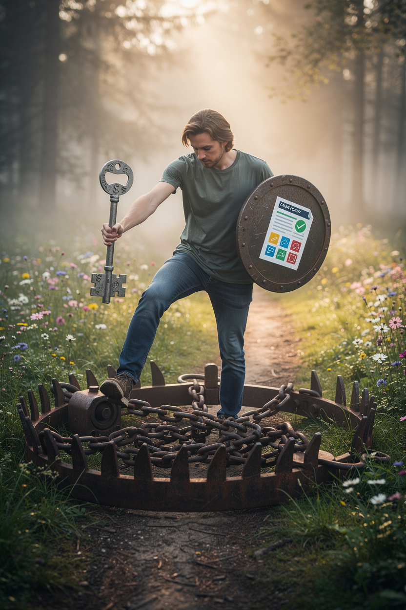 Человек выходит из долговой ловушки в виде капкана, держа ключ и щит, на фоне леса.