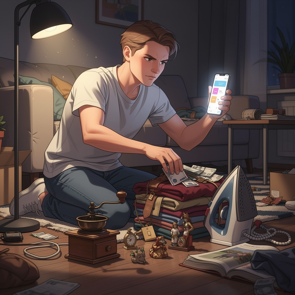 Человек в квартире сортирует вещи для продажи, используя смартфон, в атмосфере срочности.