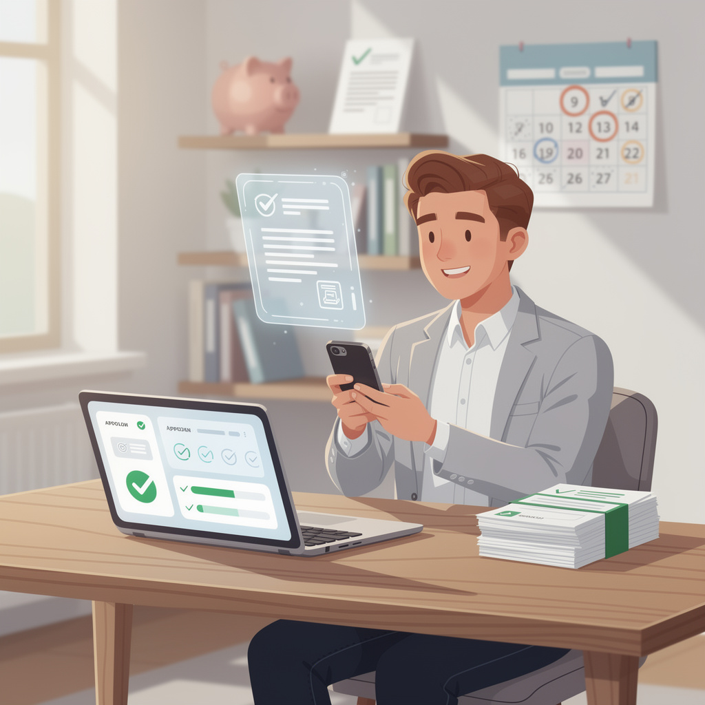 Человек получает займ через смартфон в домашнем офисе, используя приложение без банковской карты.