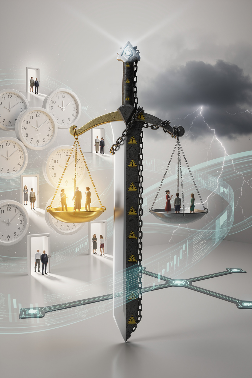 Двусторонняя шкала с мечом из современных материалов, символизирующая плюсы и минусы микрозаймов с упрощёнными условиями.