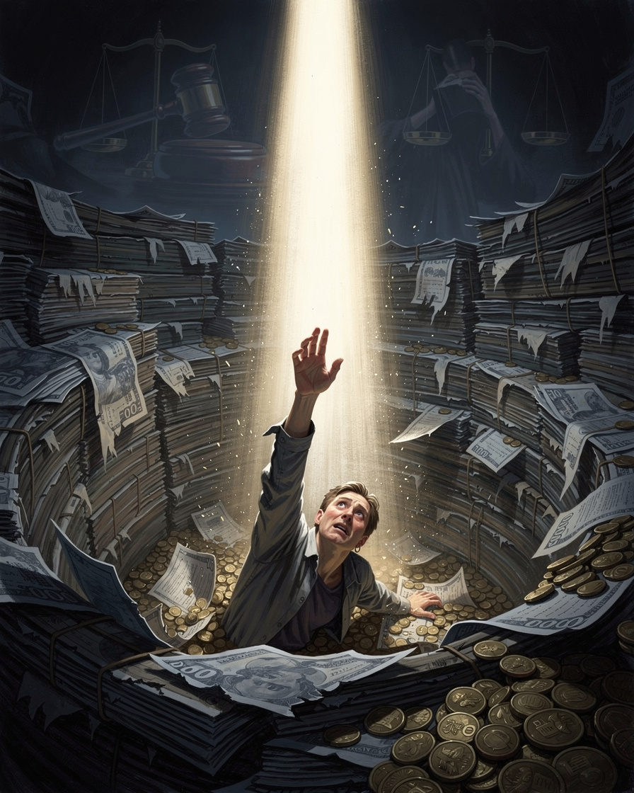 Человек в яме из долговых бумаг тянется к свету, символизирующему банкротство как освобождение.