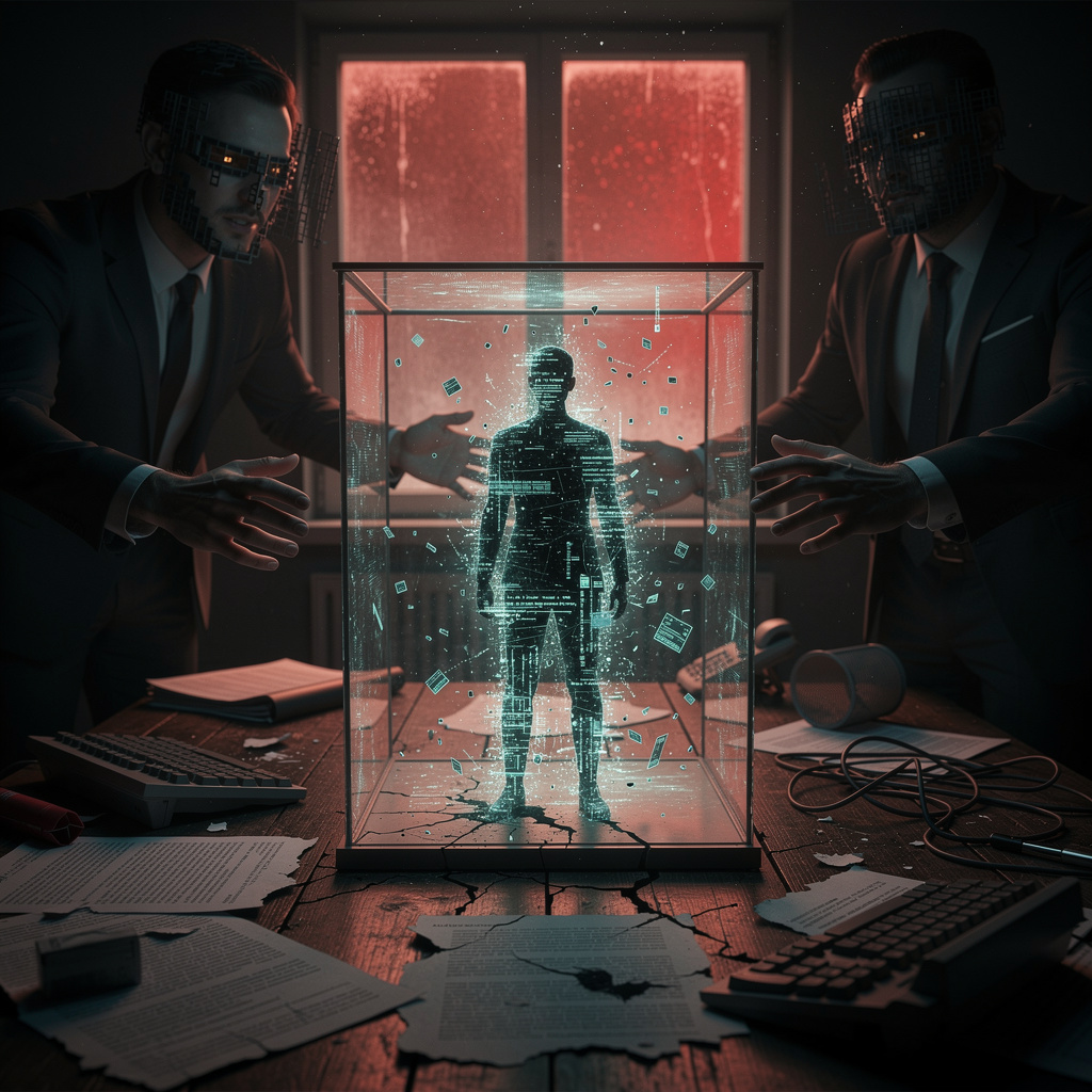 Человек в прозрачном ящике из цифровых данных, окружённый тенями в тёмном офисе, символизирующий последствия сокрытия смены персональных данных.