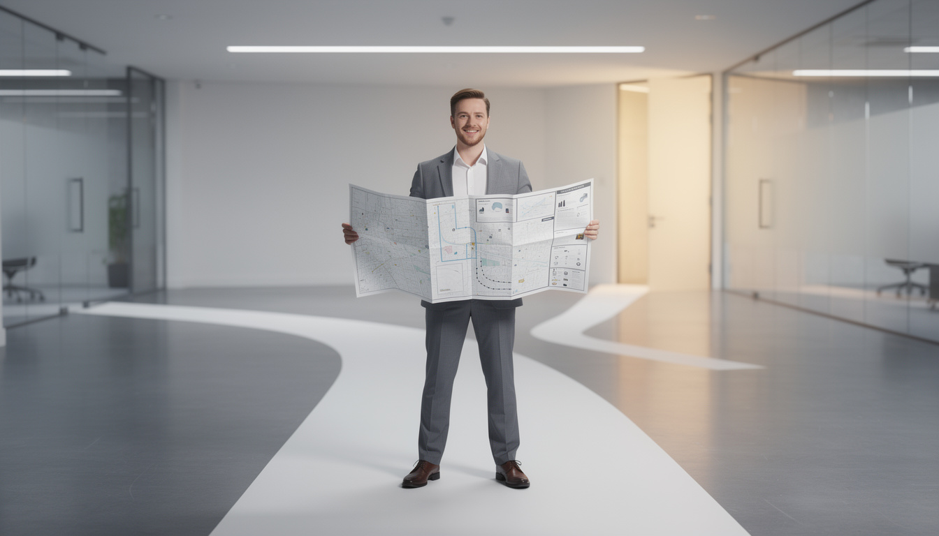 Человек с картой на перекрёстке, символизирующий подготовку к одобрению заявки, несмотря на сложную историю.