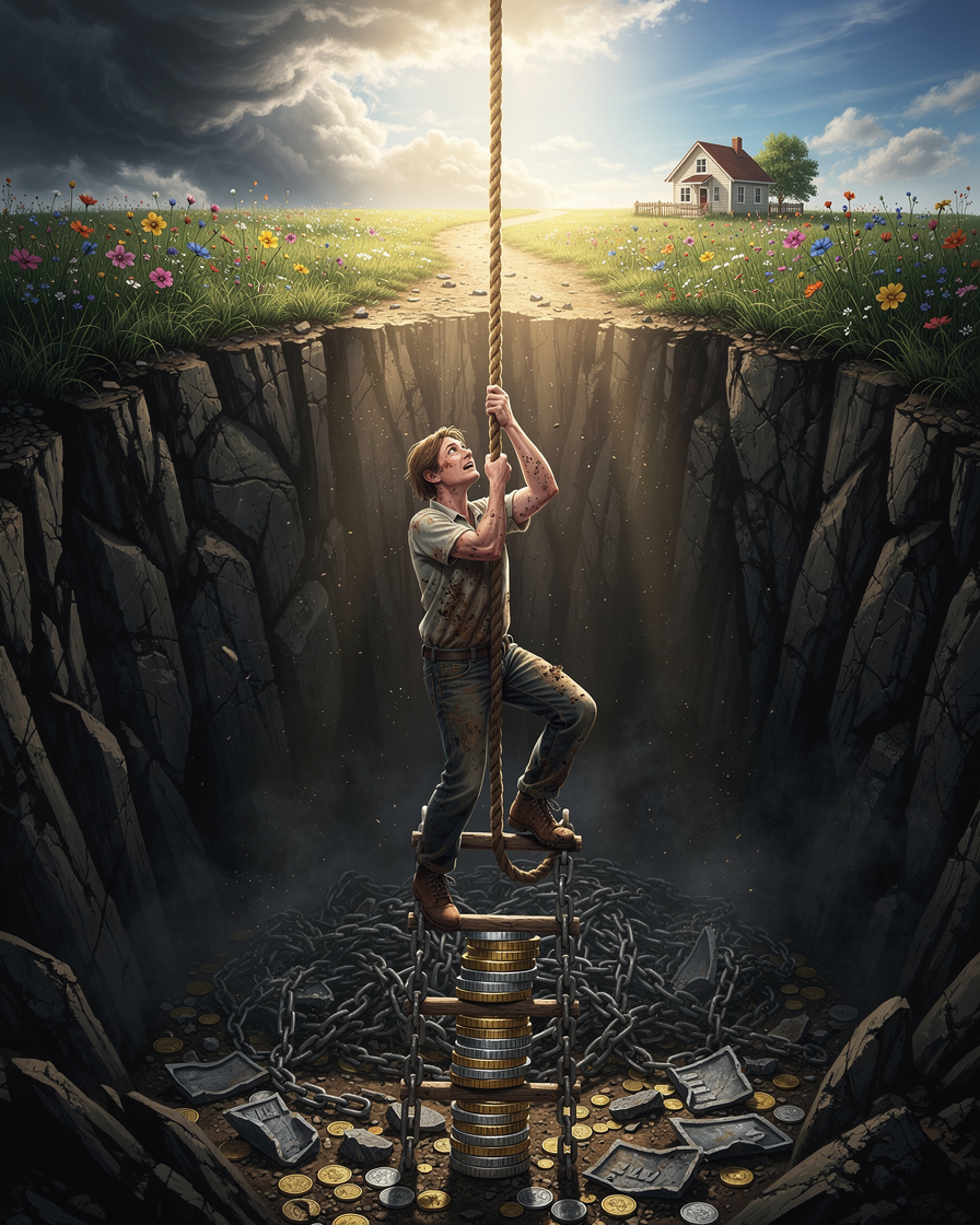 Человек выбирается из долговой ямы, используя план и лестницу к светлому будущему.