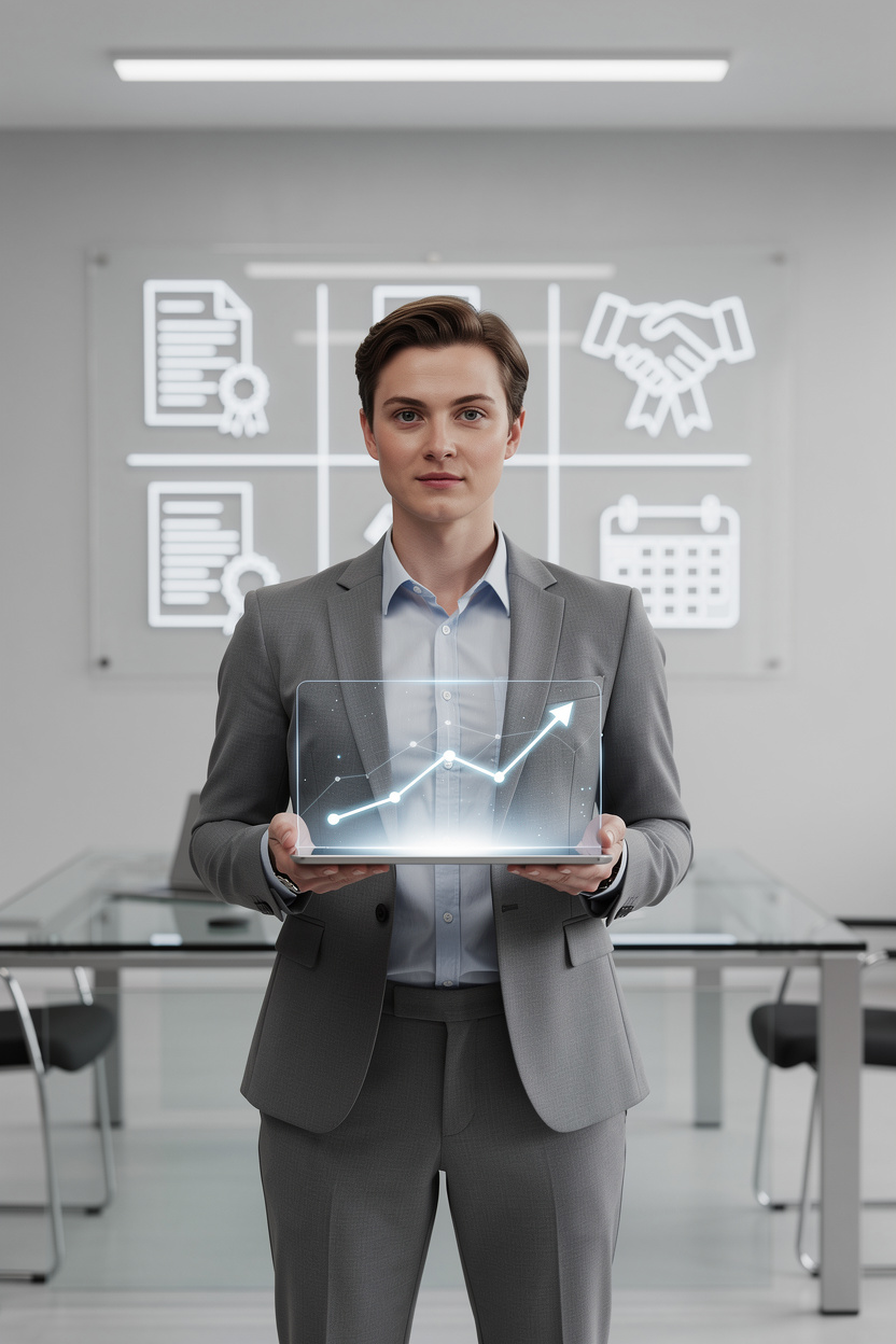 Человек уверенно держит планшет с графиком роста в упорядоченном офисе, символизируя законные способы управления долгами.