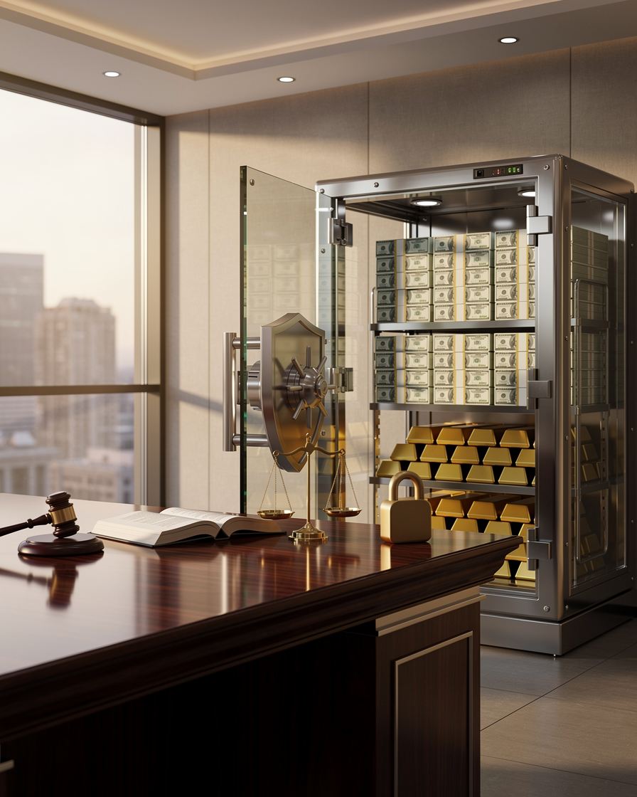 Символическое изображение юридической защиты финансовой сделки: сейф с деньгами и весы правосудия на столе в офисе.