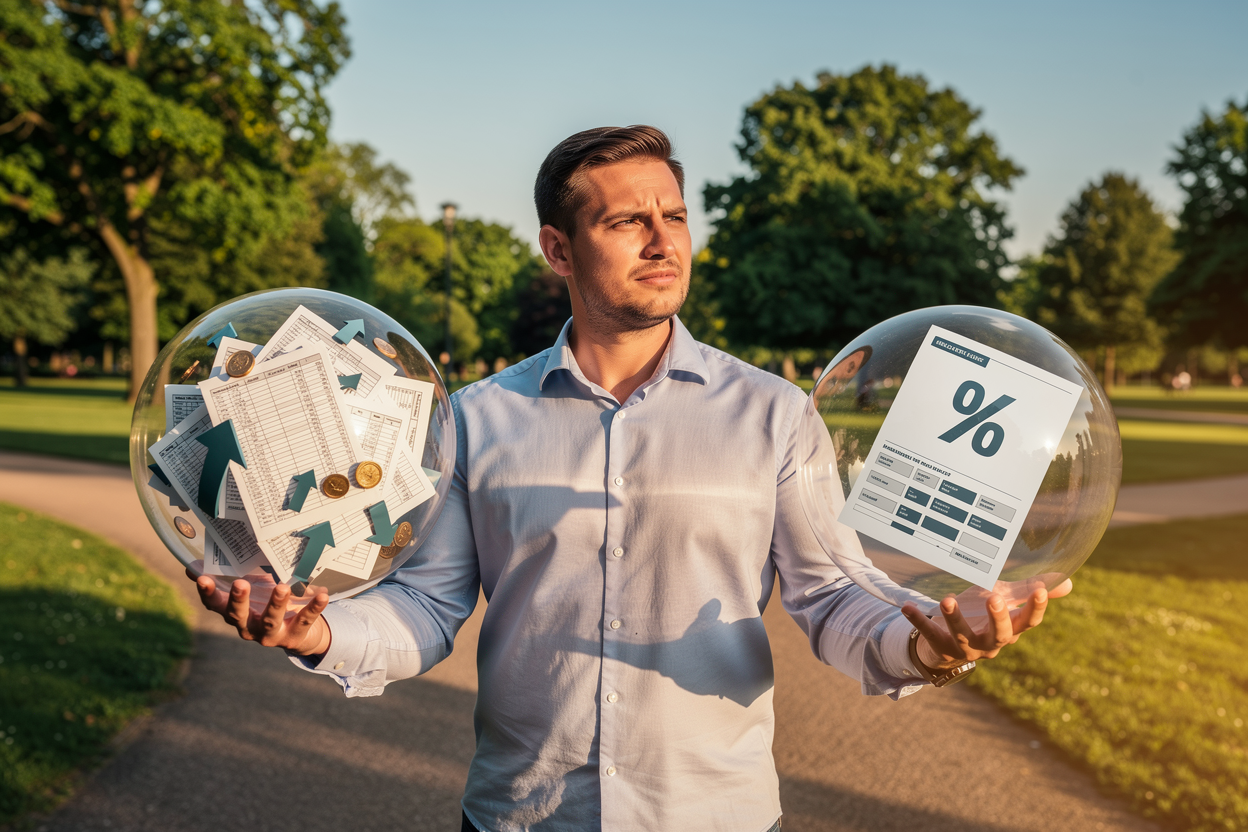 Человек на перепутье с двумя сферами, символизирующими рефинансирование и реструктуризацию кредитов, в парке.