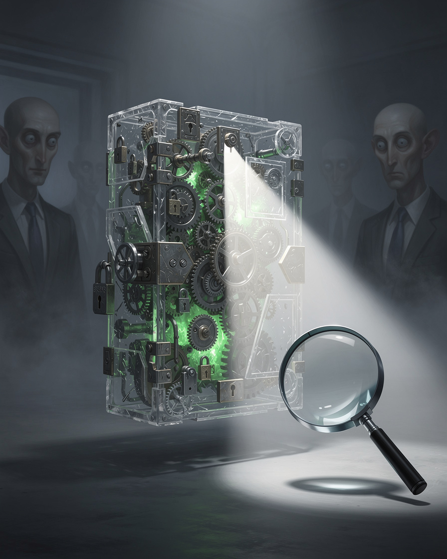 Прозрачный головоломный ящик с обманчивыми механизмами в туманной комнате, где лупа освещает безопасный путь среди теней мошенников.