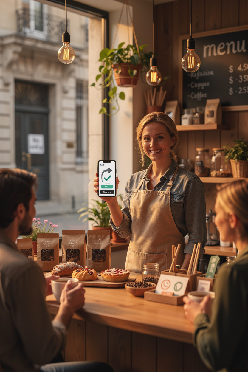 Предприниматель в уютном кафе с телефоном, демонстрирующим доступ к финансированию без банковского счёта.