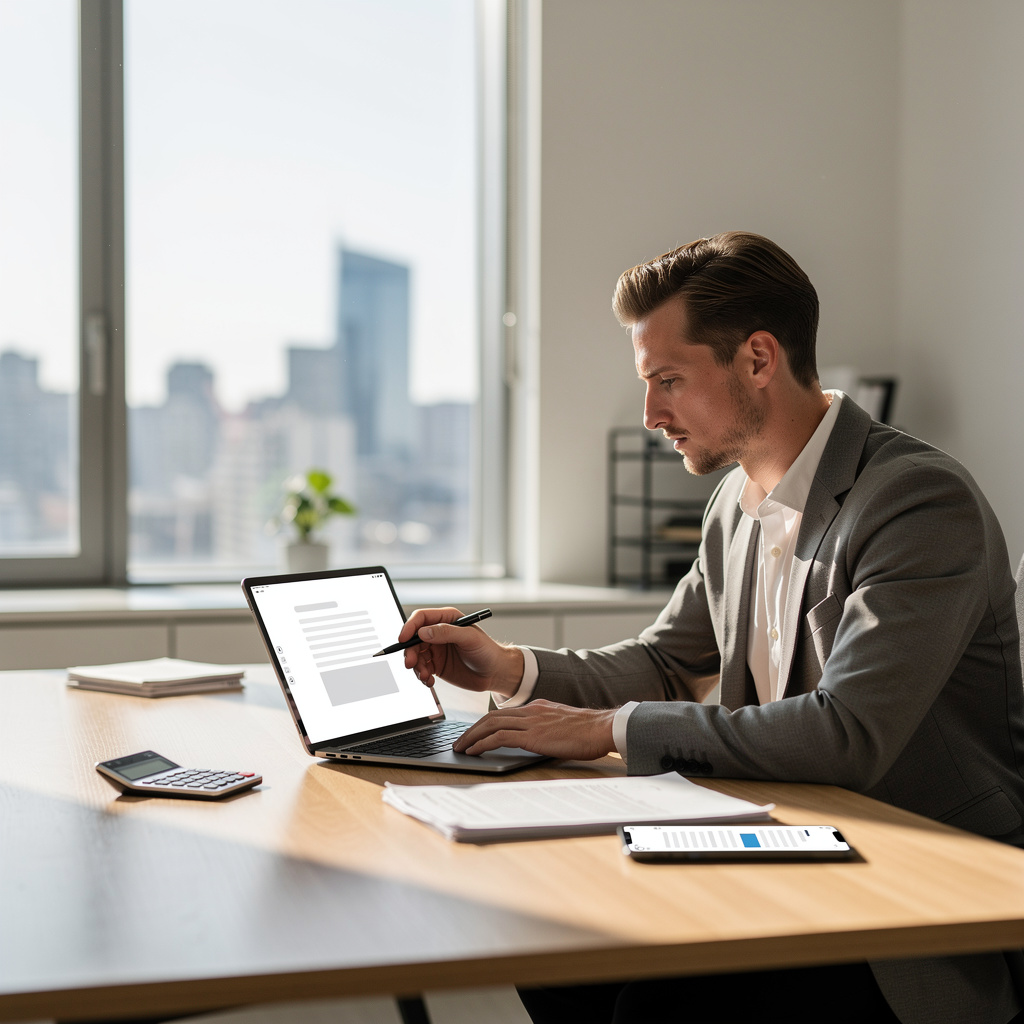 Предприниматель подписывает электронный договор займа на планшете в современном офисе