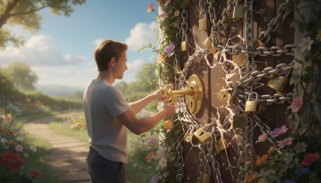 Человек открывает золотым ключом дверь, символизирующую рефинансирование кредитов, в саду финансовой свободы.