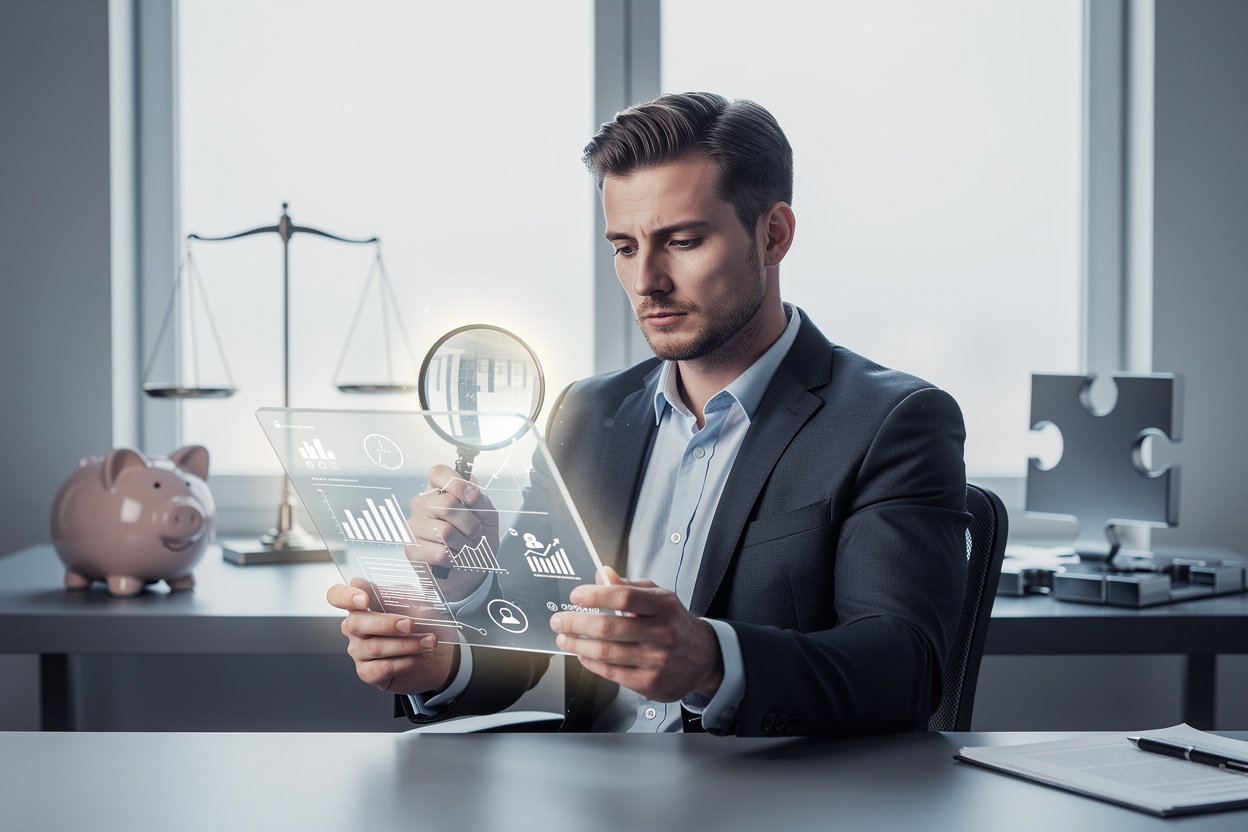 Предприниматель анализирует финансовые данные на планшете в современном офисе, символизируя принятие взвешенных решений по займам.