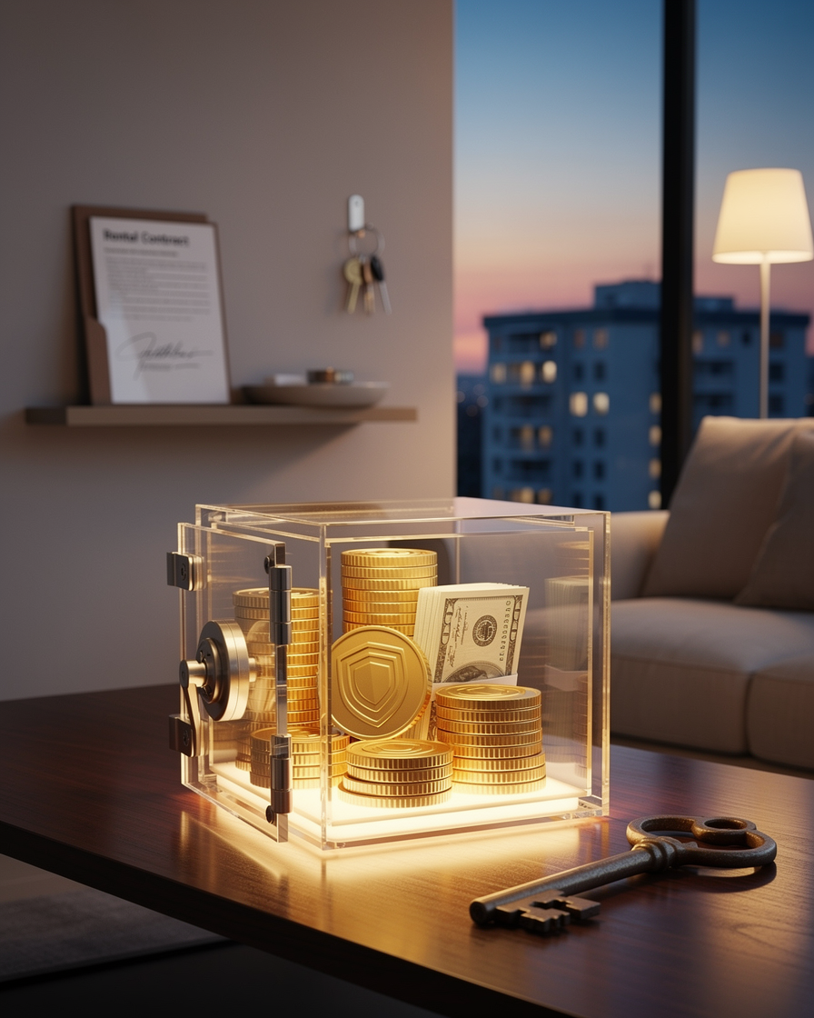 Символическое изображение залога при аренде: стеклянный сейф с золотыми монетами на столе в современной квартире, ключ и договор рядом.