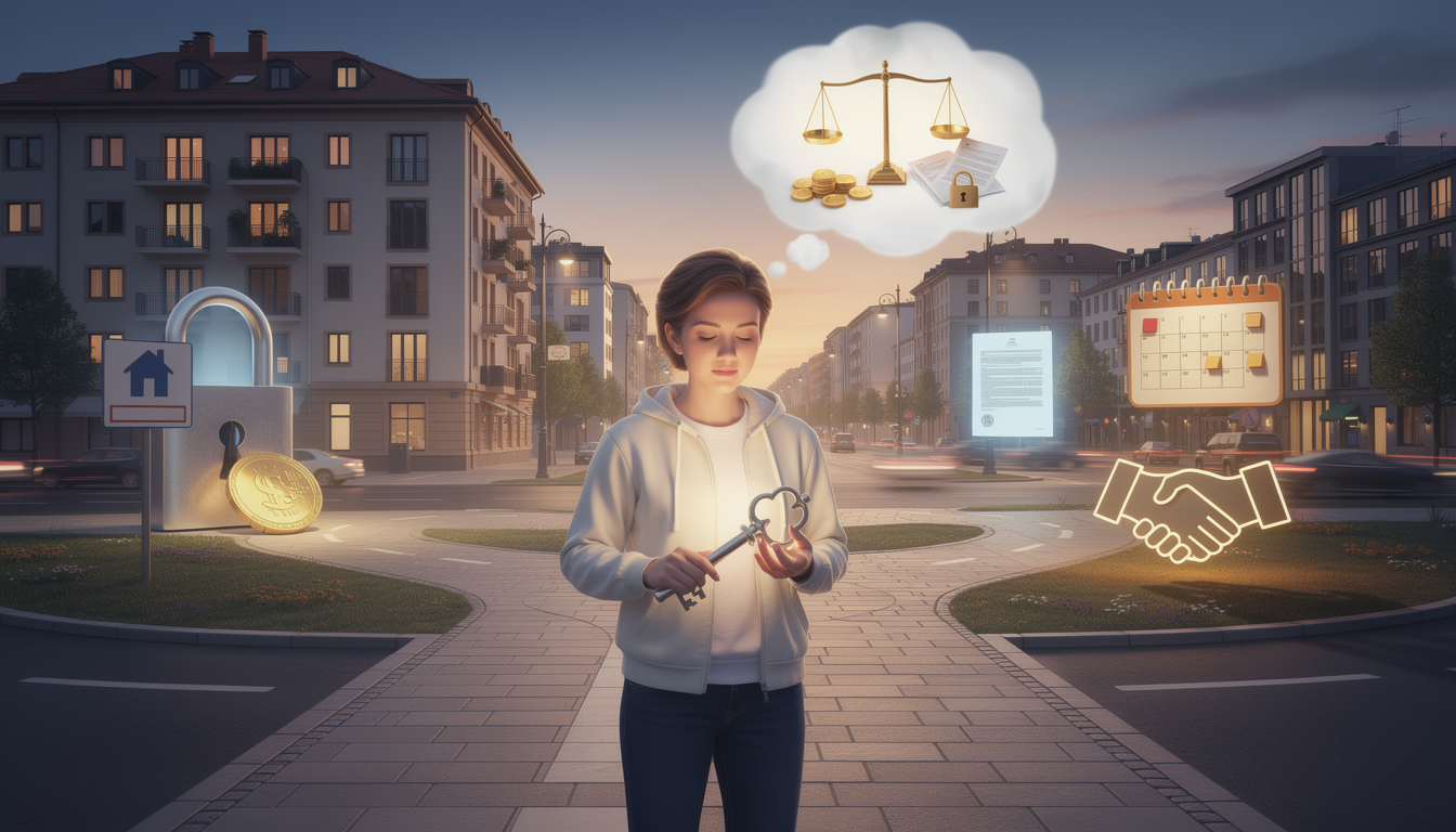 Человек на перекрестке с ключом, выбирая между традиционной арендой с залогом и альтернативными вариантами в городе.