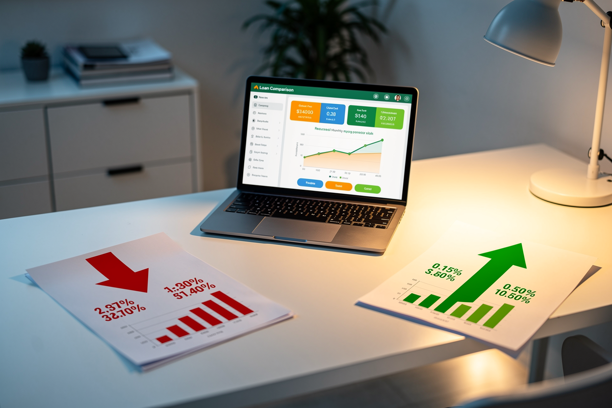 Сравнение текущего и рефинансированного займа на столе с калькулятором, показывающее выгоду от снижения ставки.