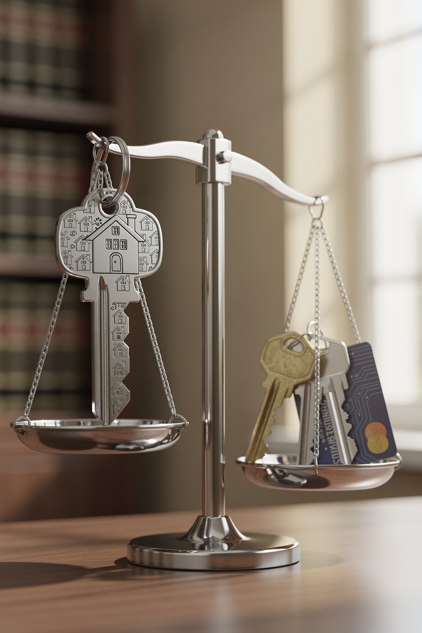 Изображение ключа от дома на весах, символизирующее реструктуризацию ипотечных кредитов с балансом и поддержкой.