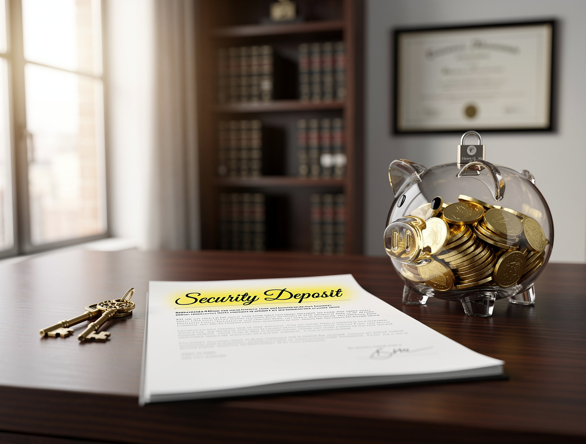 Символическое изображение безопасного договора аренды с залогом: документ и стеклянная копилка с монетами на столе в офисе.