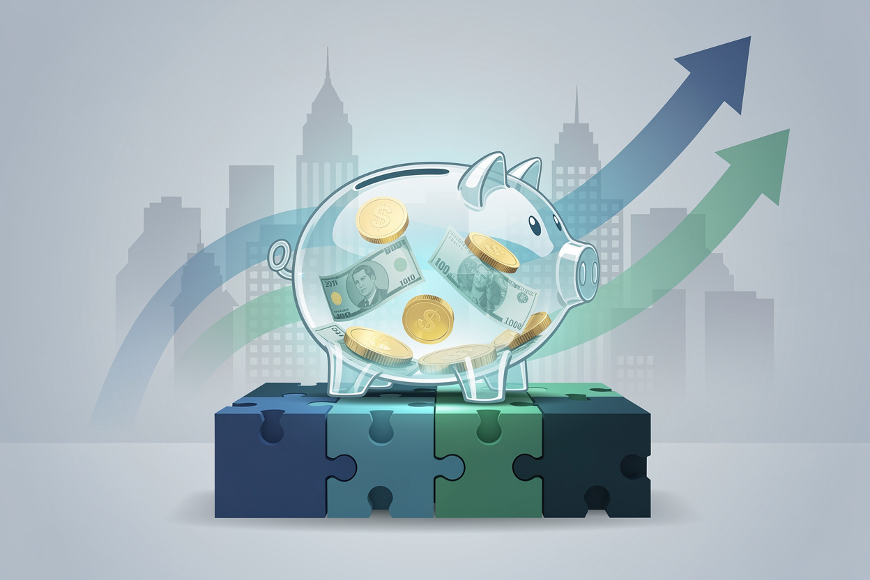 Прозрачная копилка с деньгами на прочном фундаменте на фоне абстрактного города, символизирующая безопасное финансирование переезда.