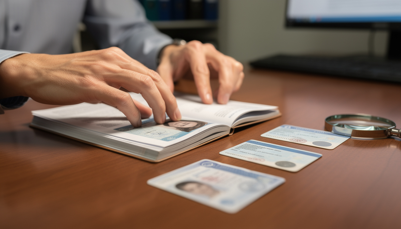 Руки человека аккуратно раскладывают документы для подтверждения личности на столе в офисе.