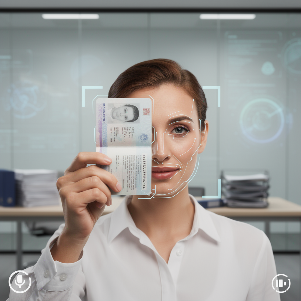 Человек с паспортом на фоне цифрового интерфейса, символизирующего современные методы верификации личности.