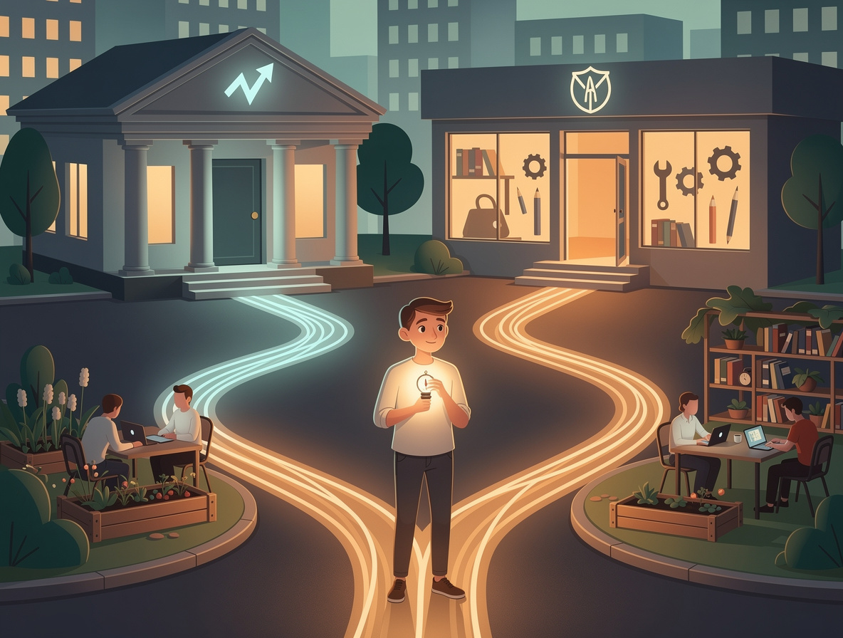 Человек на перекрёстке с разными финансовыми путями, символизирующими альтернативы микрозаймам для безработных