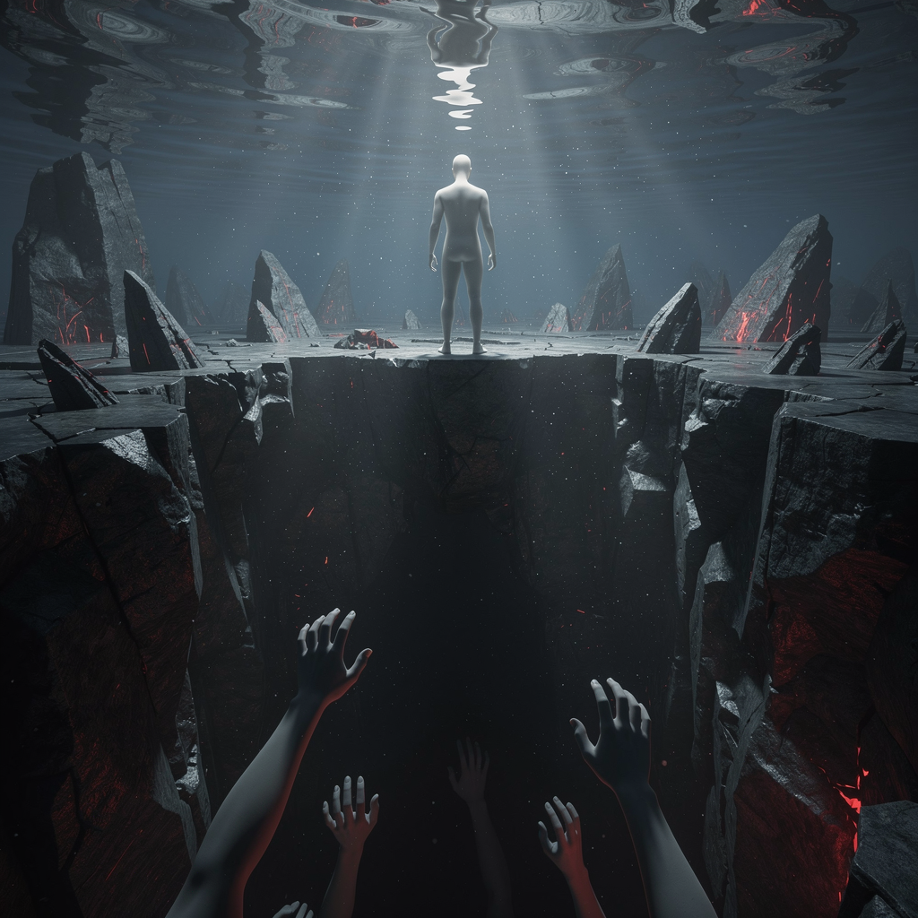 Фигура человека на краю тёмной подводной пропасти, символизирующая риски и скрытые опасности займов без контактных данных.