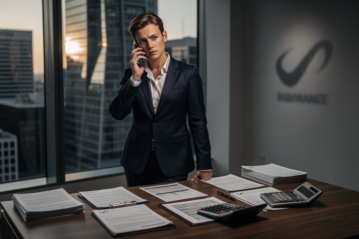 Человек уверенно разговаривает по телефону в офисе, окружённый документами, символизируя борьбу со страховой компанией.