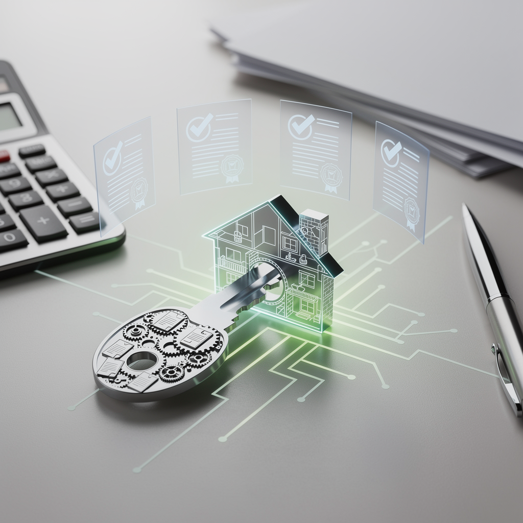Символическое изображение ключа в виде дома, вставленного в замок-чертеж, с документами и светом, представляющими условия получения кредита на ремонт.