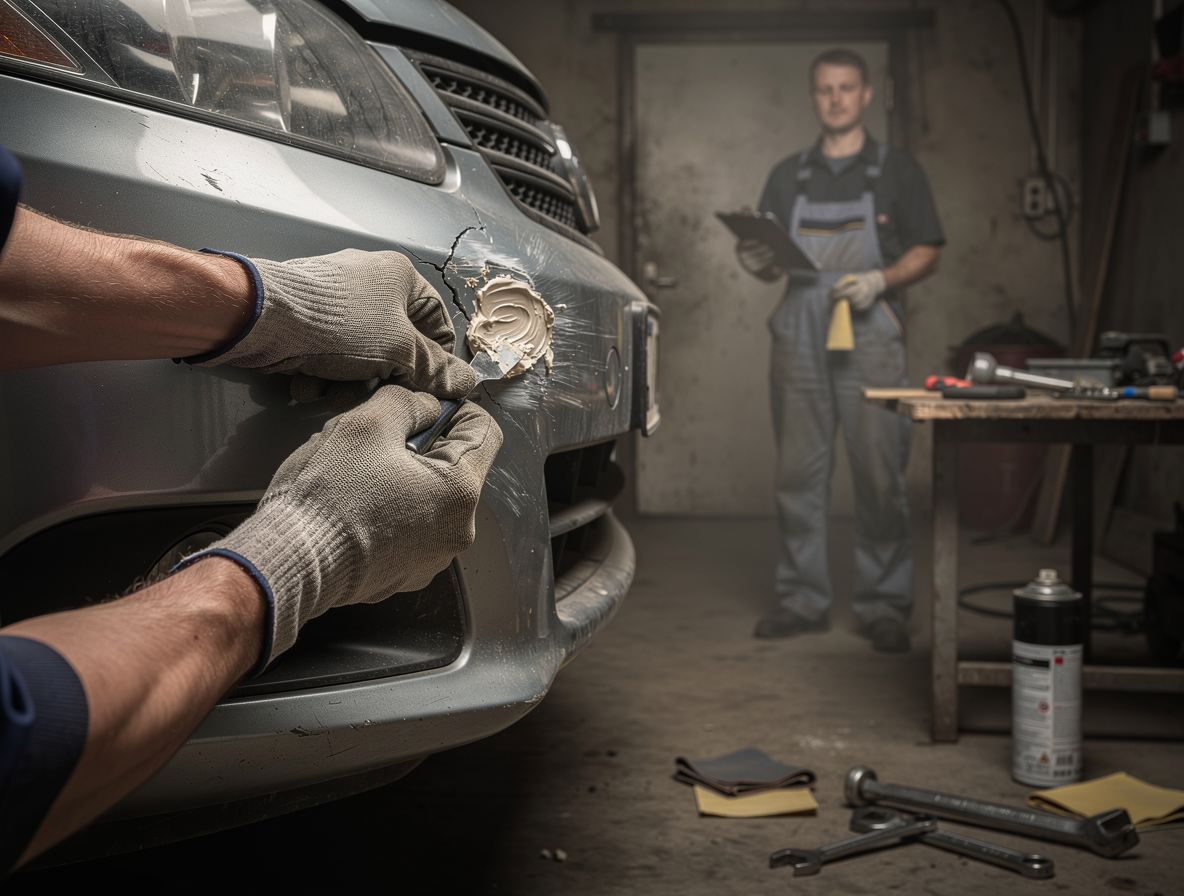 Руки в перчатках ремонтируют вмятину на бампере автомобиля в гараже, символизируя самостоятельный ремонт без страховки ОСАГО.