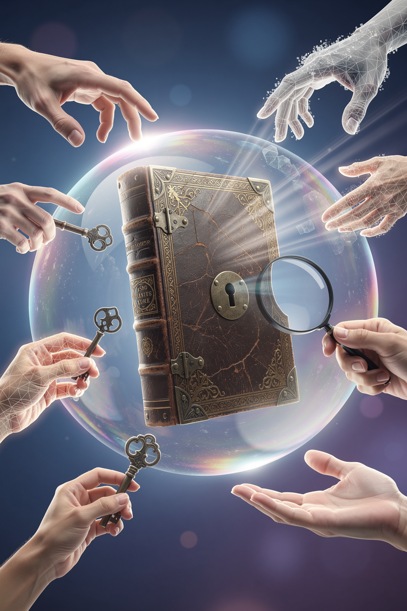 Древняя книга в прозрачном пузыре, к которой тянутся светящиеся руки с ключами и лупами, символизируя доступ к кредитной истории.