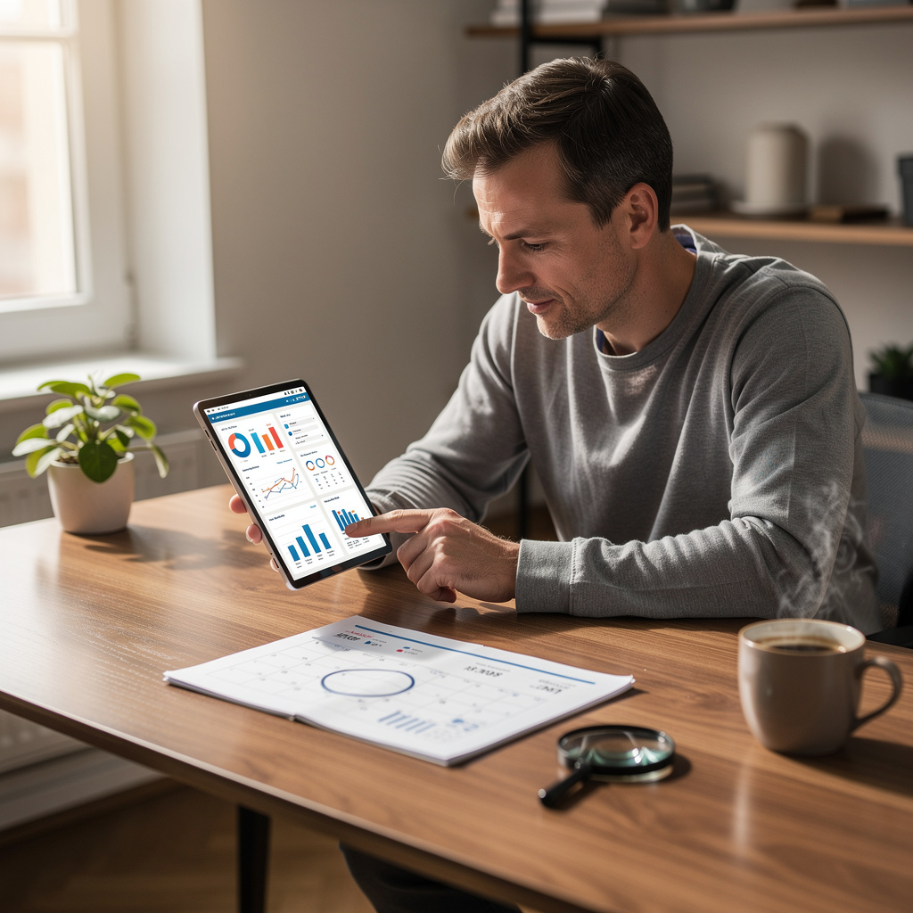 Человек изучает кредитный отчёт на планшете в домашнем офисе