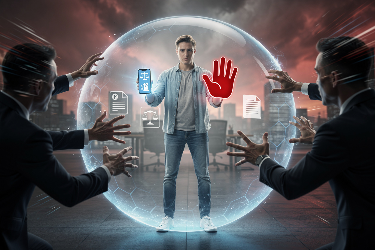 Человек защищён прозрачным энергетическим щитом от агрессивных коллекторов, символизируя юридическую защиту.