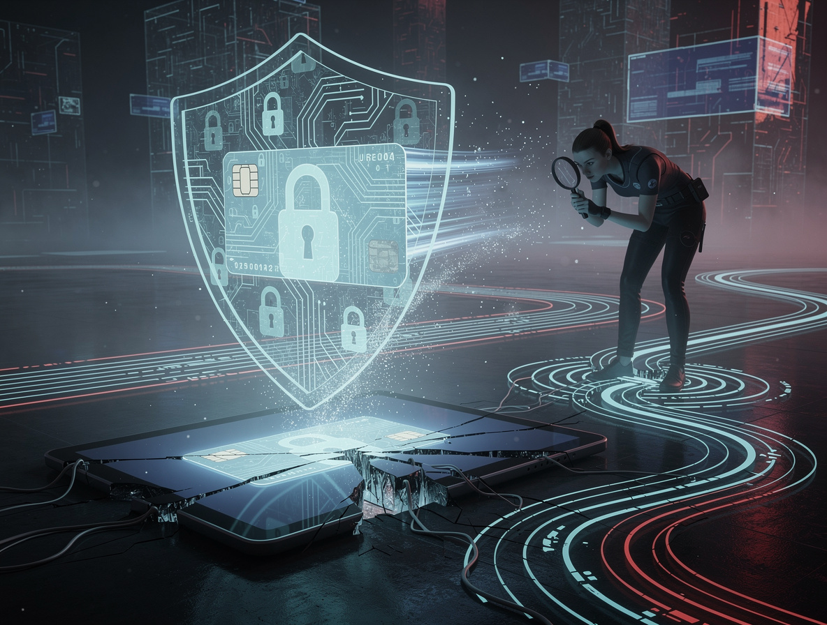Символическое изображение защиты от мошенничества с кредитами: прозрачный щит над треснувшим планшетом с силуэтом кредитной карты, фигура с лупой исследует светящиеся цифровые следы в кибер-нуарной обстановке.